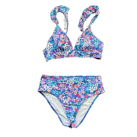 Cupshe Sundry‎ Daisy Ruffled Bralette & High Waist Bikini Set Women's Size Large - Picture 1 of 9